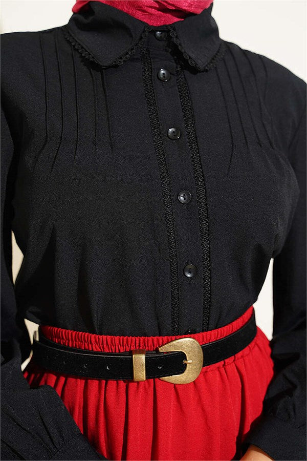 Lace-Detailed Darted Short Shirt, Black