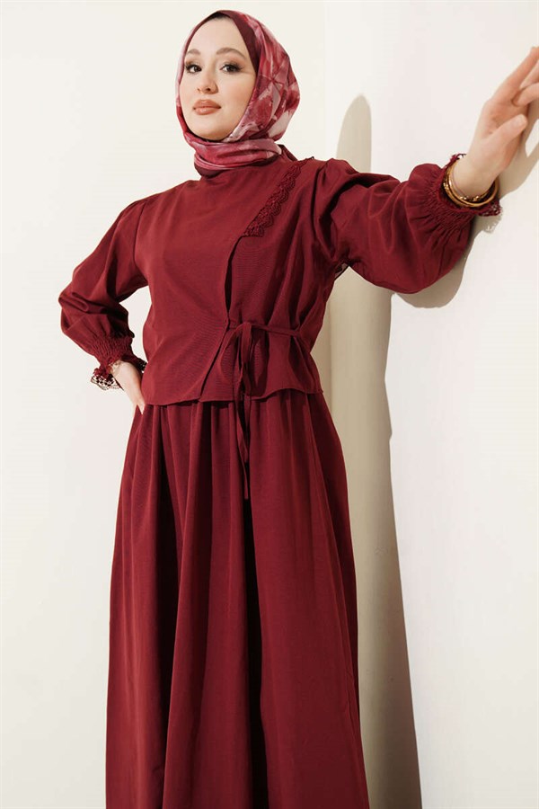 Lace-Detailed Poplin Sleeveless Dress, Burgundy