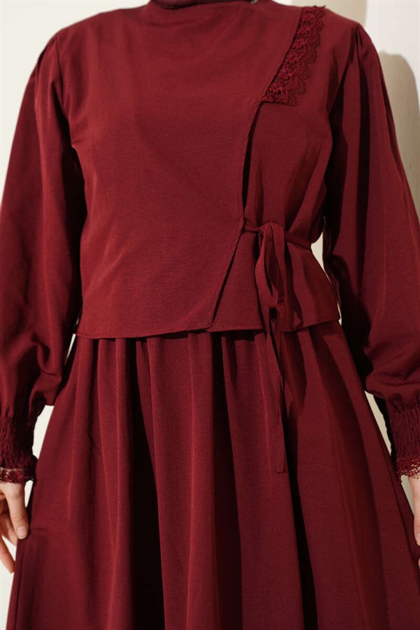 Lace-Detailed Poplin Sleeveless Dress, Burgundy