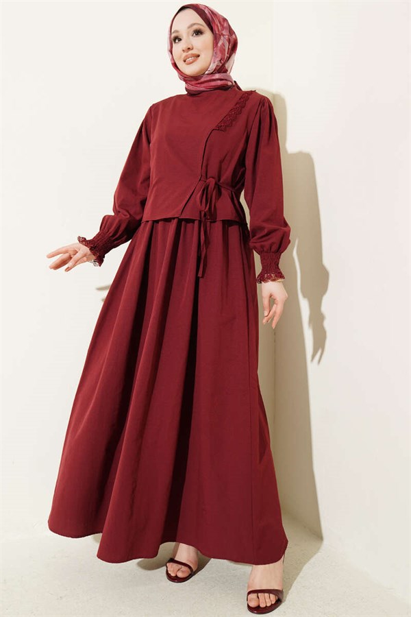 Lace-Detailed Poplin Sleeveless Dress, Burgundy