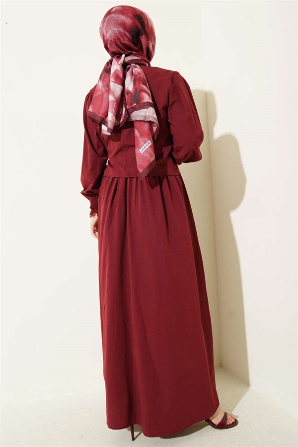 Lace-Detailed Poplin Sleeveless Dress, Burgundy