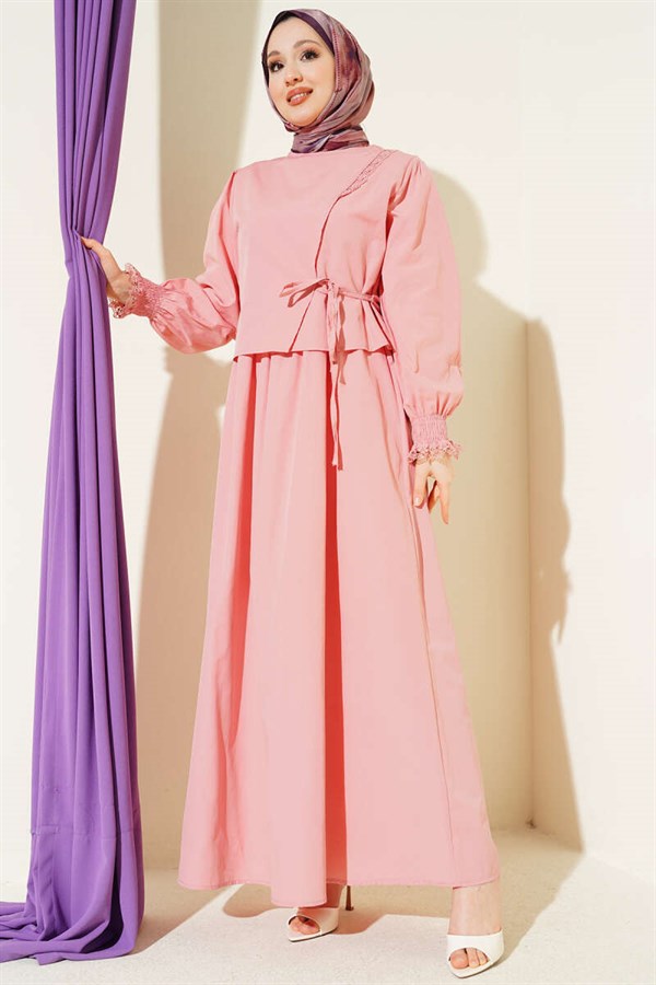 Lace Detail Poplin Sleeveless Dress Powder Pink