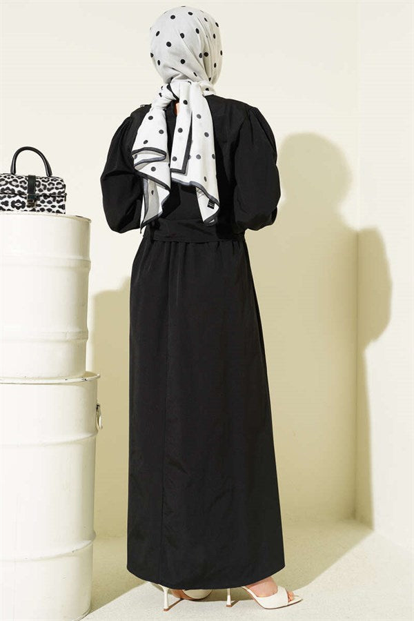 Black Poplin Sleeveless Dress with Lace Details