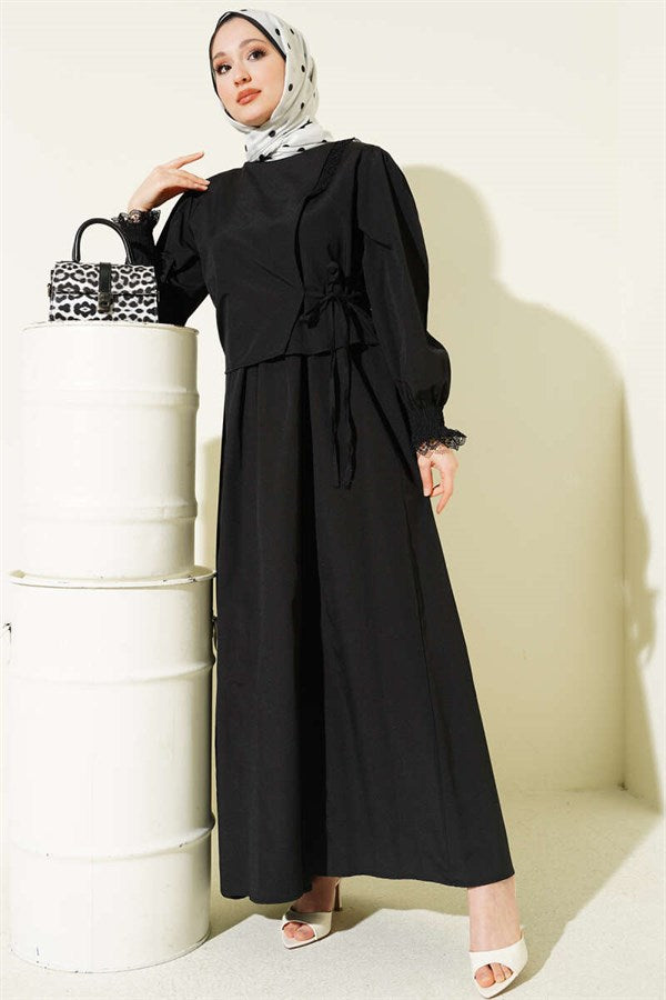 Black Poplin Sleeveless Dress with Lace Details