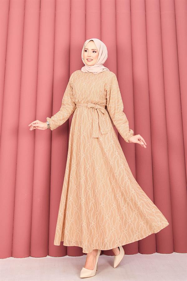 Lace Textured Hijab Dress with Removable Belt in Camel