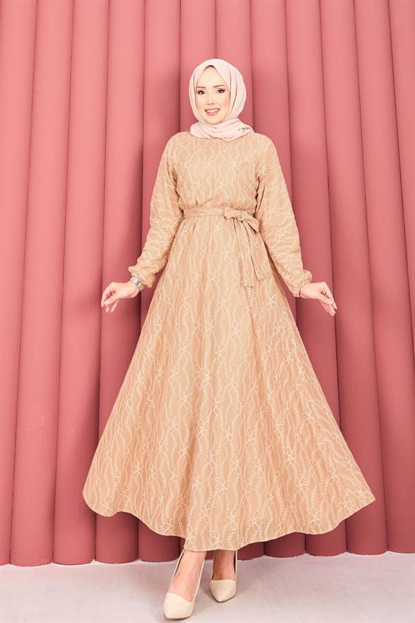 Lace Textured Hijab Dress with Removable Belt in Camel