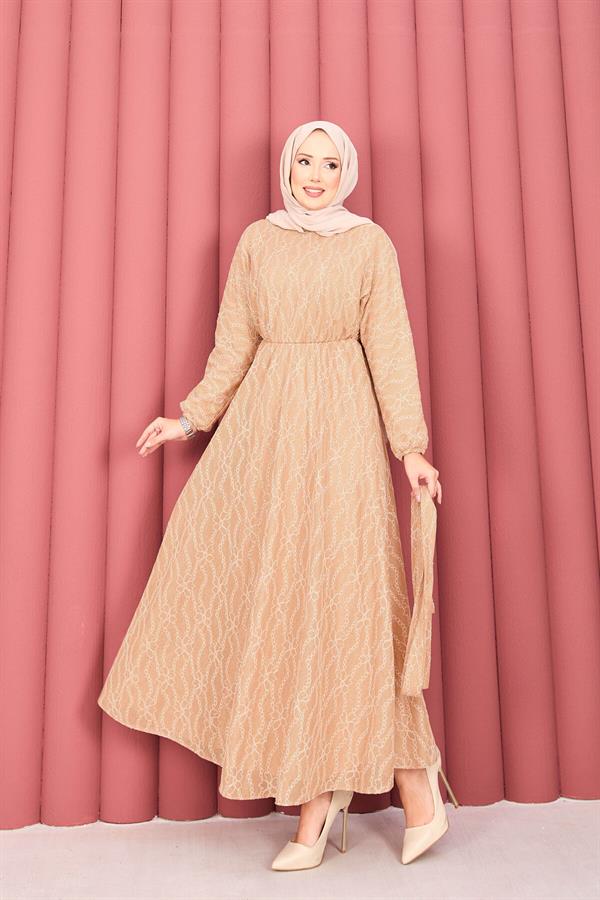 Lace Textured Hijab Dress with Removable Belt in Camel