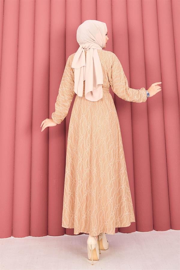 Lace Textured Hijab Dress with Removable Belt in Camel