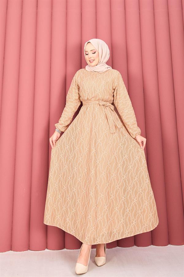 Lace Textured Hijab Dress with Removable Belt in Camel