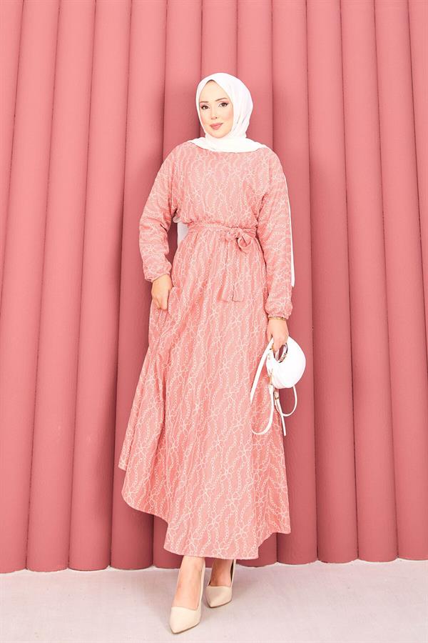 Lace Textured Removable Belted Hijab Dress Powder