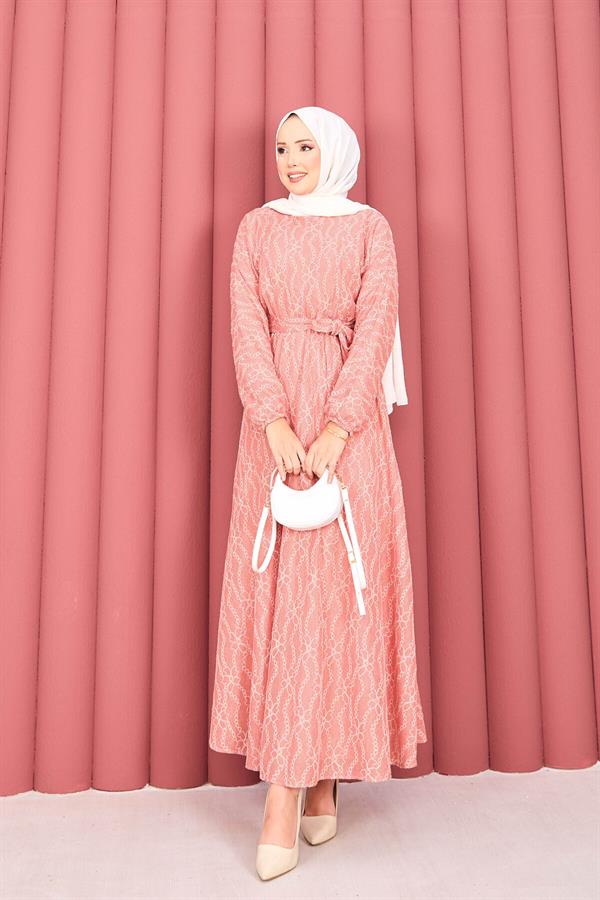 Lace Textured Removable Belted Hijab Dress Powder