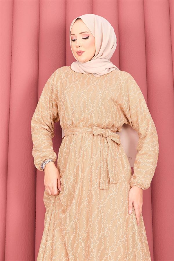 Lace Textured Hijab Dress with Removable Belt in Camel