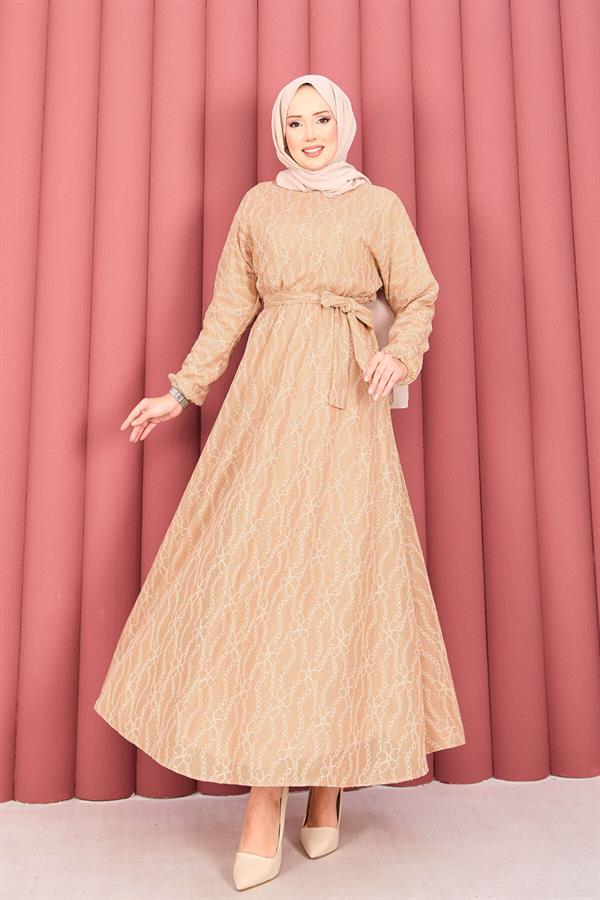 Lace Textured Hijab Dress with Removable Belt in Camel