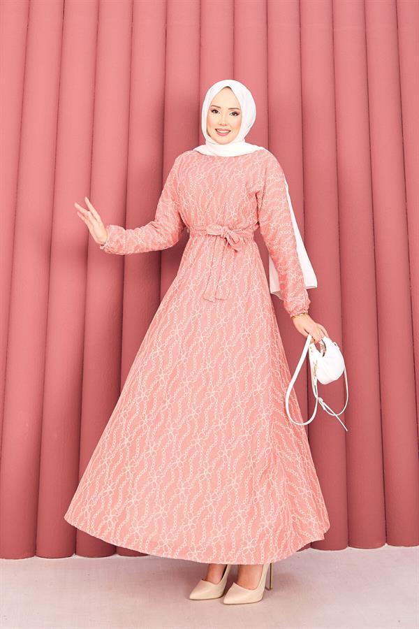 Lace Textured Removable Belted Hijab Dress Powder