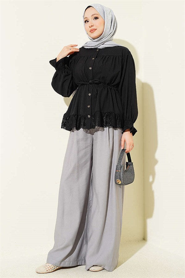 Lace Ruffled Waist Tunnel Shirt Black