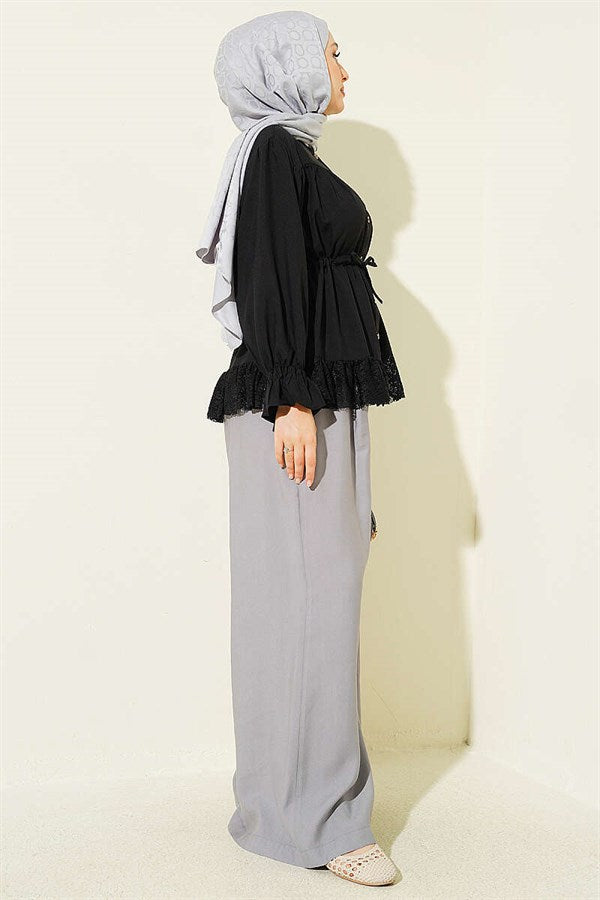 Lace Ruffled Waist Tunnel Shirt Black
