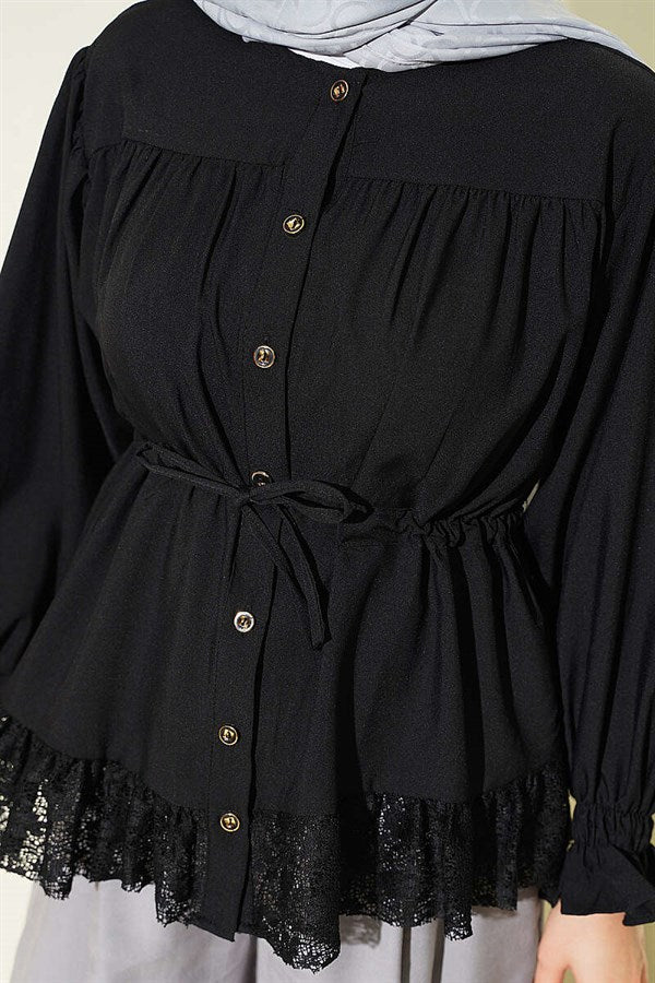 Lace Ruffled Waist Tunnel Shirt Black