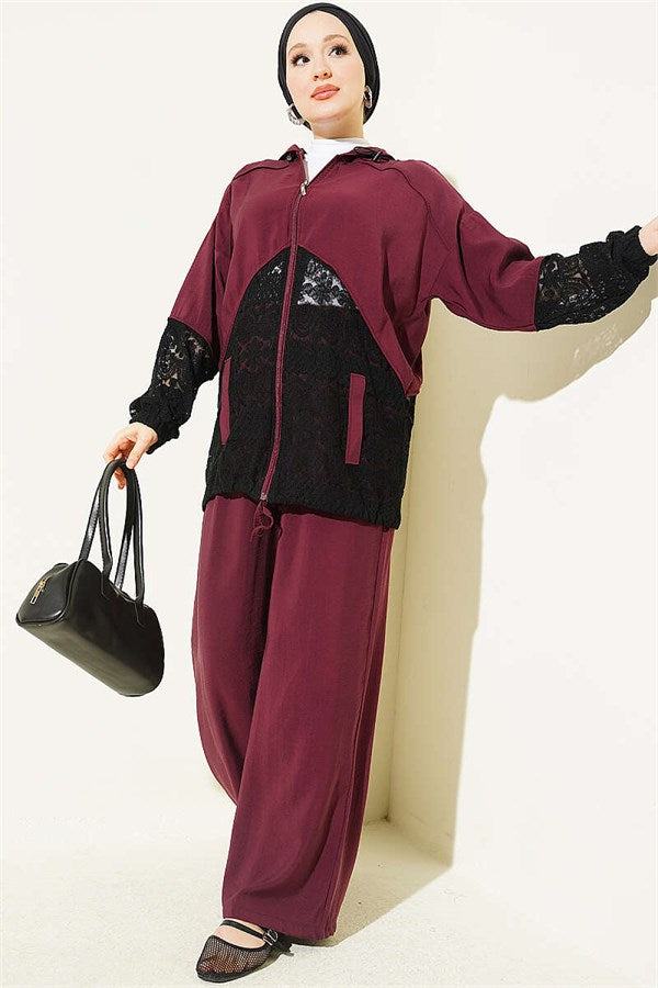 Two-Piece Set with Lace Trim and Zipper, Burgundy
