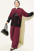 Two-Piece Set with Lace Trim and Zipper, Burgundy