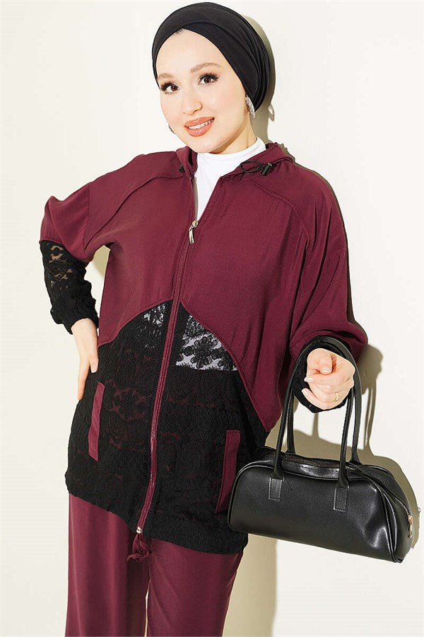Two-Piece Set with Lace Trim and Zipper, Burgundy