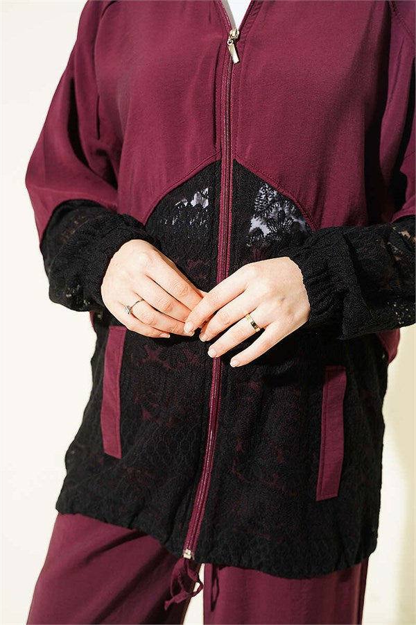 Two-Piece Set with Lace Trim and Zipper, Burgundy