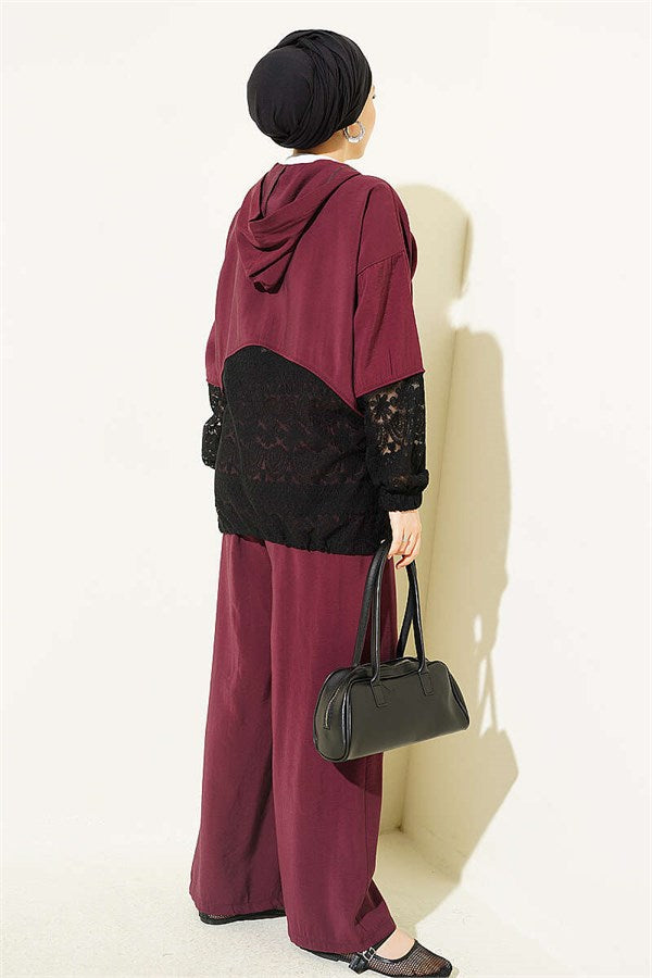 Two-Piece Set with Lace Trim and Zipper, Burgundy