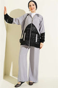 Lace Trimmed Zip-Up Two-Piece Set in Grey