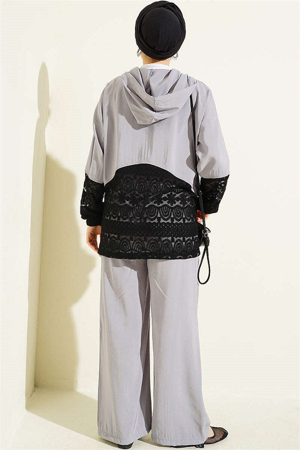 Lace Trimmed Zip-Up Two-Piece Set in Grey