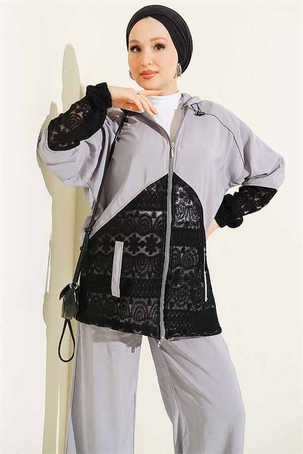 Lace Trimmed Zip-Up Two-Piece Set in Grey