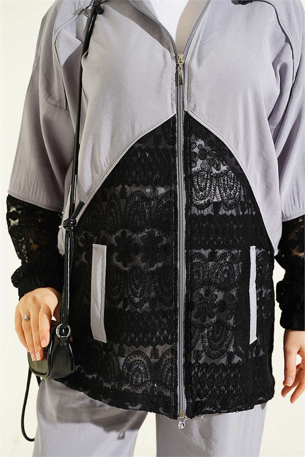 Lace Trimmed Zip-Up Two-Piece Set in Grey