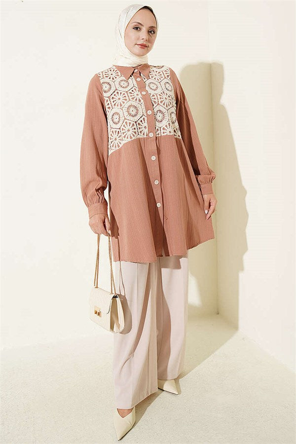 Lace Trimmed Shirt Camel