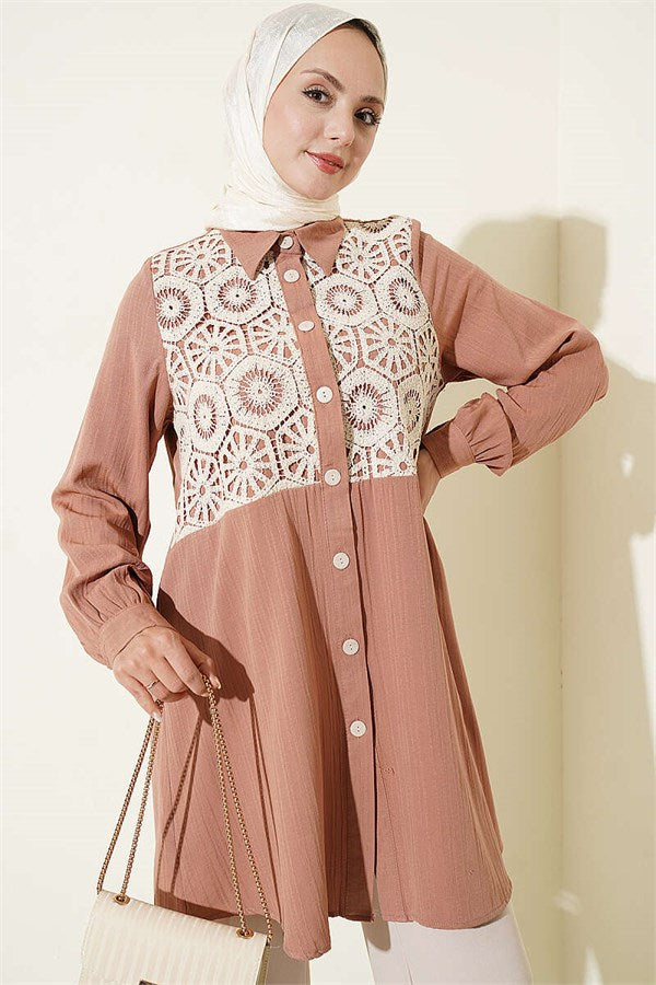 Lace Trimmed Shirt Camel