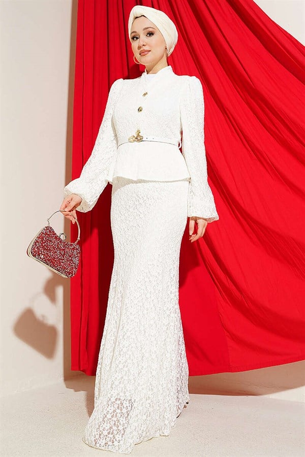 White Lace Guipure Evening Dress with Gold Buttons