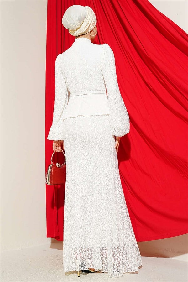 White Lace Guipure Evening Dress with Gold Buttons
