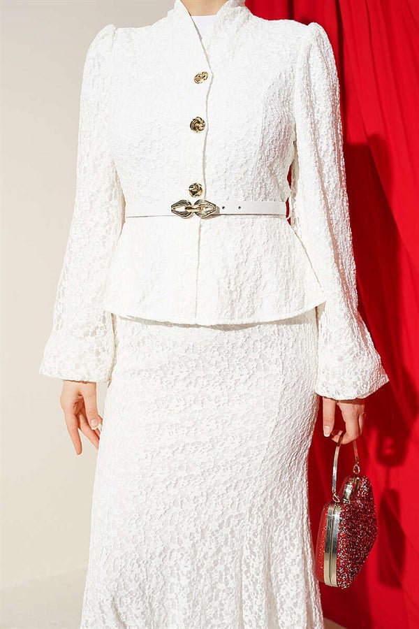 White Lace Guipure Evening Dress with Gold Buttons