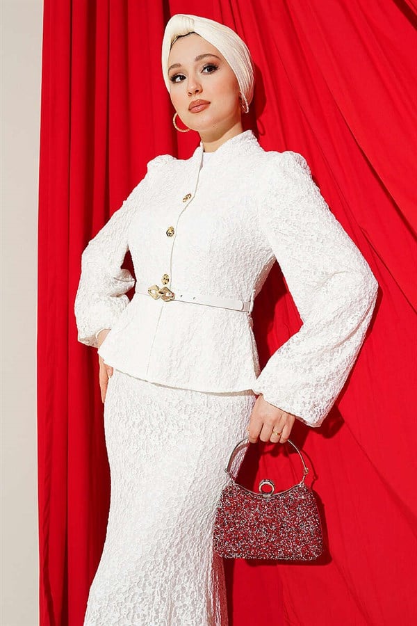White Lace Guipure Evening Dress with Gold Buttons