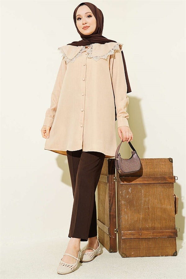 Lace-trimmed Sailor Collar Shirt, Beige