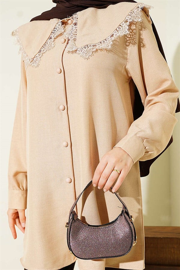 Lace-trimmed Sailor Collar Shirt, Beige