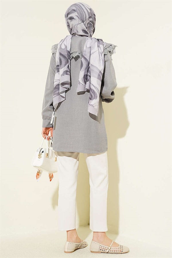 Lace-Trimmed Sailor Collar Shirt, Grey