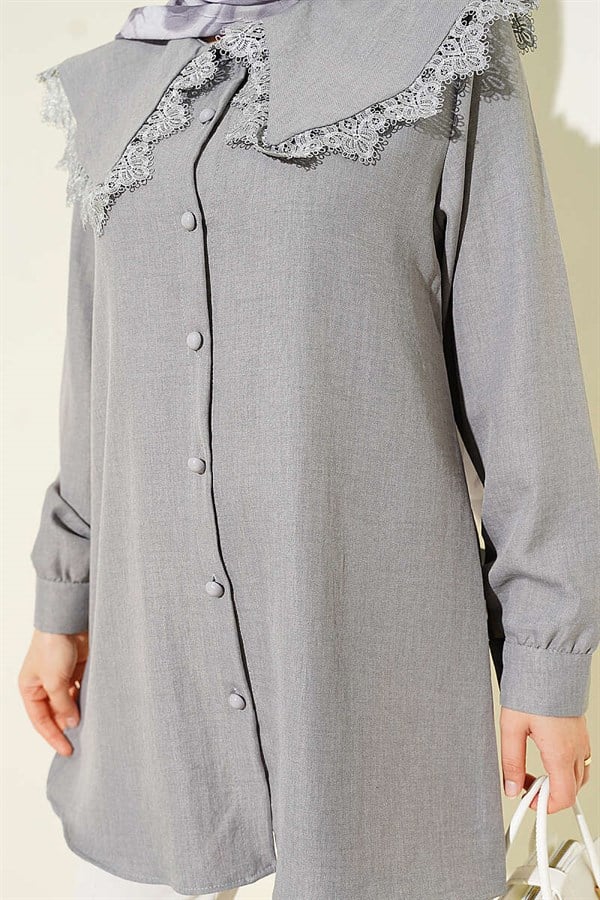 Lace-Trimmed Sailor Collar Shirt, Grey