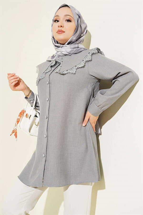 Lace-Trimmed Sailor Collar Shirt, Grey