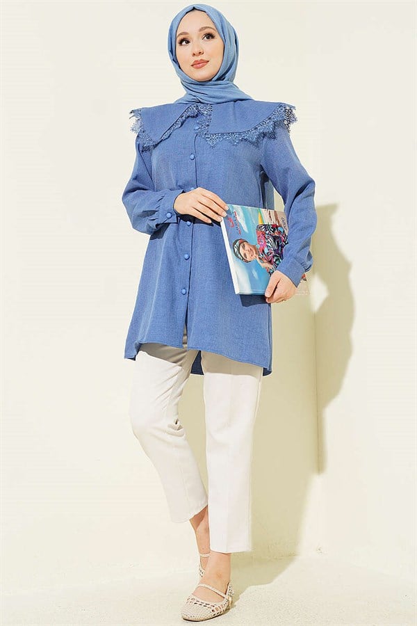 Lace-trimmed Sailor Collar Shirt Indigo