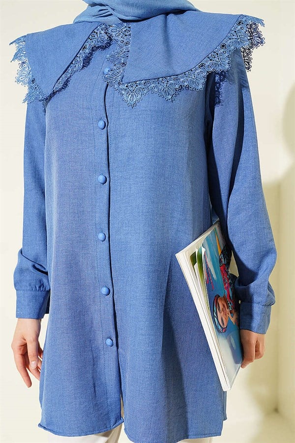 Lace-trimmed Sailor Collar Shirt Indigo