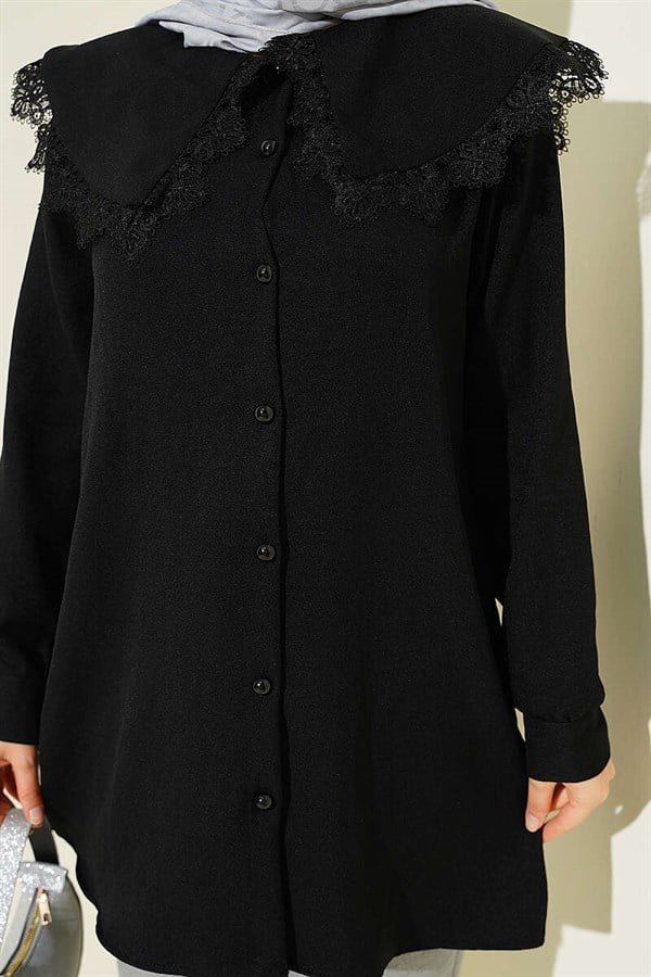 Lace-trimmed Sailor Collar Shirt, Black