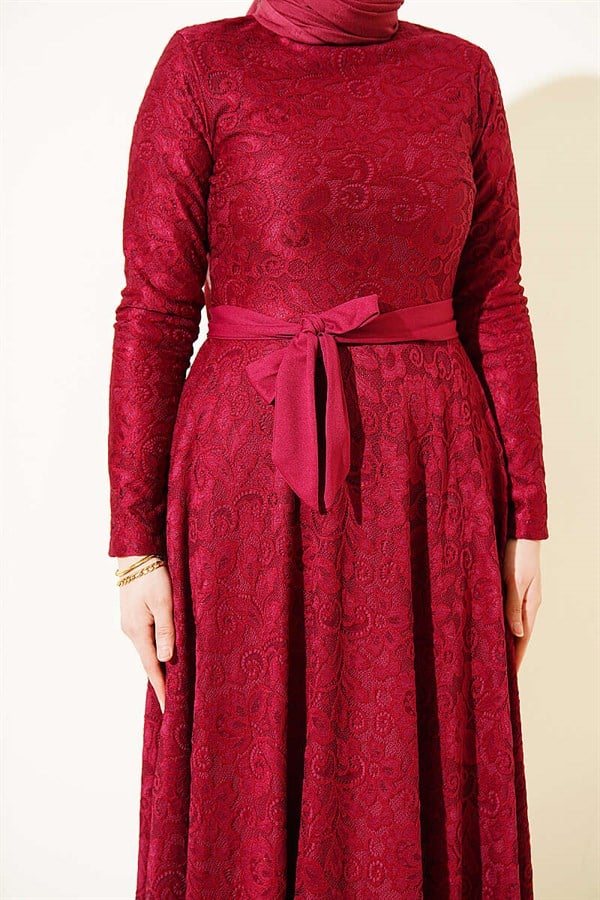 Burgundy Evening Dress with Lace Embroidery and Belt