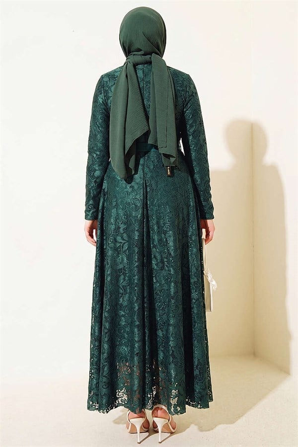 Lace Embroidered Belted Evening Dress Emerald