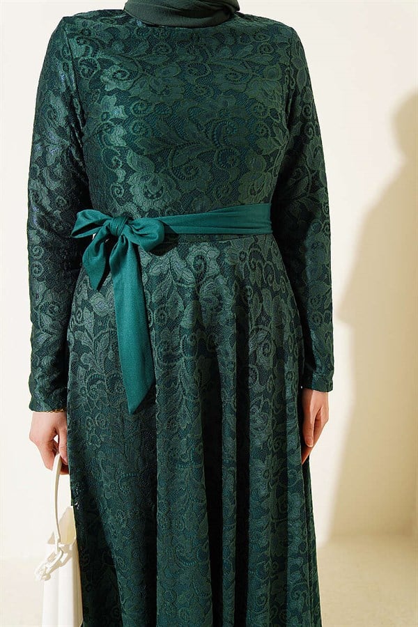 Lace Embroidered Belted Evening Dress Emerald