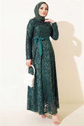 Lace Embroidered Belted Evening Dress Emerald
