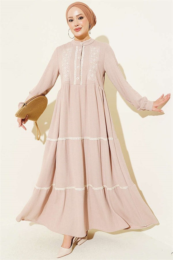 Lace Embroidered Knitted Dress Beige