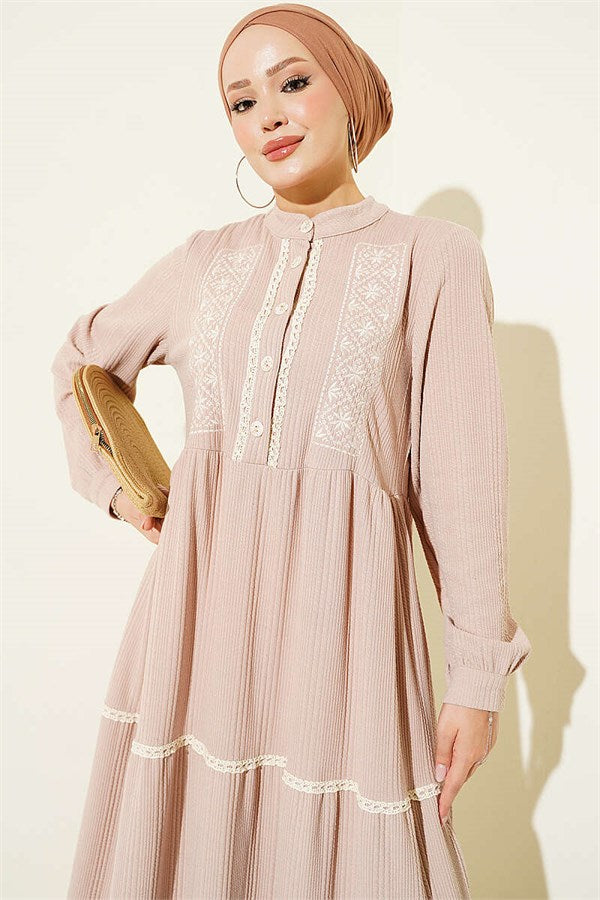 Lace Embroidered Knitted Dress Beige